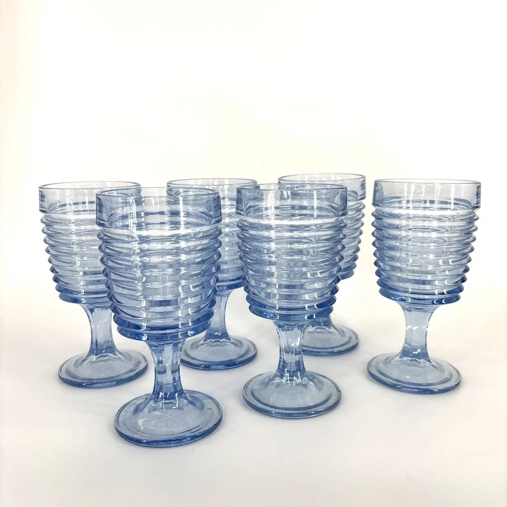 Anchor Hocking Park Avenue Goblets ICE BLUE Lot of 6 Ribbed Fluted Art Deco